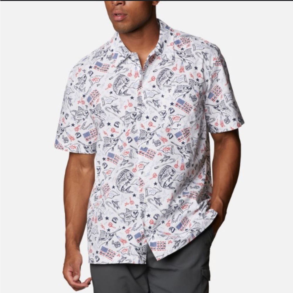 COLUMBIA Mens PFG Trollers Best USA AMERICA 4th OF JULY Vented Fishing Shirt